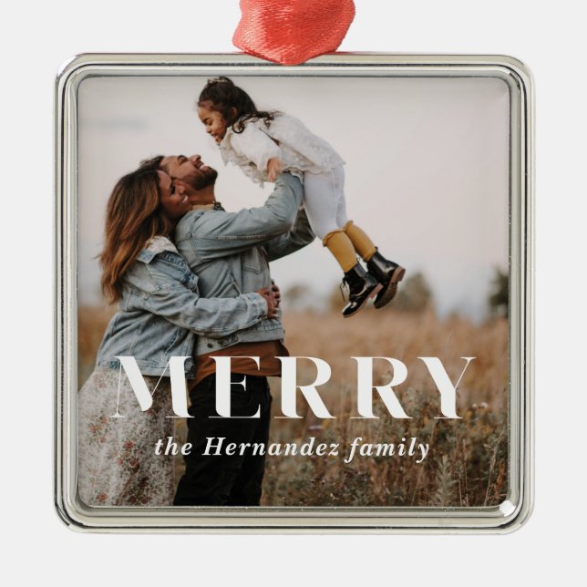 Modern Minimalist Merry Holiday Photo Metal Tree Decoration (Front)