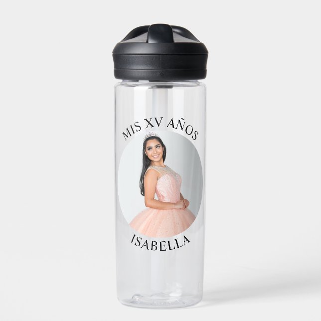 Modern Minimalist Mis XV Años Circle Photo Water Bottle (Front)