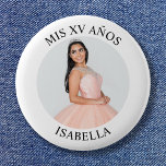 Modern Minimalist Mis XV Años Photo 6 Cm Round Badge<br><div class="desc">Create your own personalised white border photo round button for your her 15th birthday. Customise the solid white background colour or the black text colour to match your photo. If you change the font type or size, you can fine tune the curvature of the text in small increments. Have fun...</div>