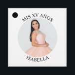 Modern Minimalist Mis XV Años Photo Favour Tags<br><div class="desc">Create your own personalised white border round photo square favour tag for your her 15th birthday. Customise the solid white background colour or the black text colour to match your photo. If you change the font type or size, you can fine tune the curvature of the text in small increments....</div>