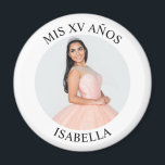 Modern Minimalist Mis XV Años Photo Magnet<br><div class="desc">Create your own personalised white border photo round kitchen magnet for your her 15th birthday. Customise the solid white background colour or the black text colour to match your photo. If you change the font type or size, you can fine tune the curvature of the text in small increments. Have...</div>