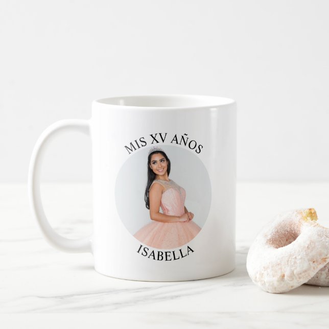 Modern Minimalist Mis XV Años Round Photo Coffee Mug (With Donut)