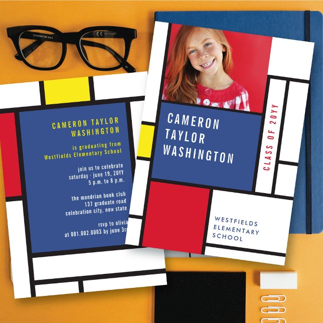 Modern Minimalist Mondrian Photo Graduation Party Invitation (Modern Minimalist Mondrian Photo Graduation Party Invitation | fatfatin @ zazzle.com/color_therapy)