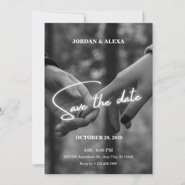 modern minimalist monochrome holding hands wedding save the date (Front)