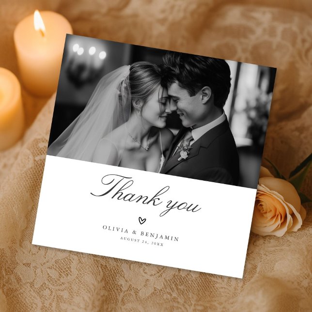 Modern Minimalist Monochrome Wedding Photo Square Thank You Card (Creator Uploaded)