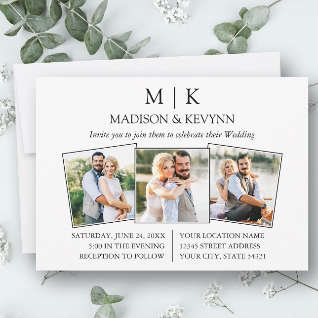 Modern Minimalist Monogram 3 Photo Wedding Invitation (Customize to change text size or text style.)