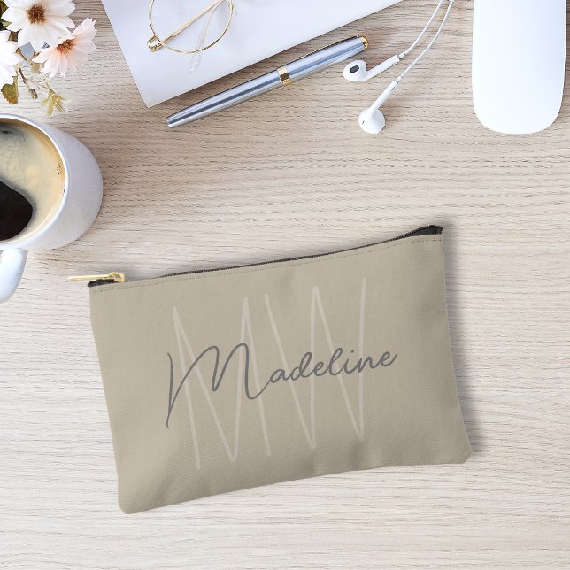 Modern Minimalist Monogram Accessory Pouch (Modern Minimalist Beige Monogram Accessory Pouch)