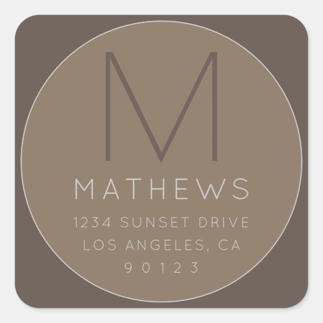 Modern Minimalist Monogram & Address Beige  Square Sticker (Front)