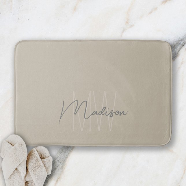 Modern Minimalist Monogram Beige Script Name Bath Mat (Modern Minimalist Monogram Beige Script Name Bath Mat)