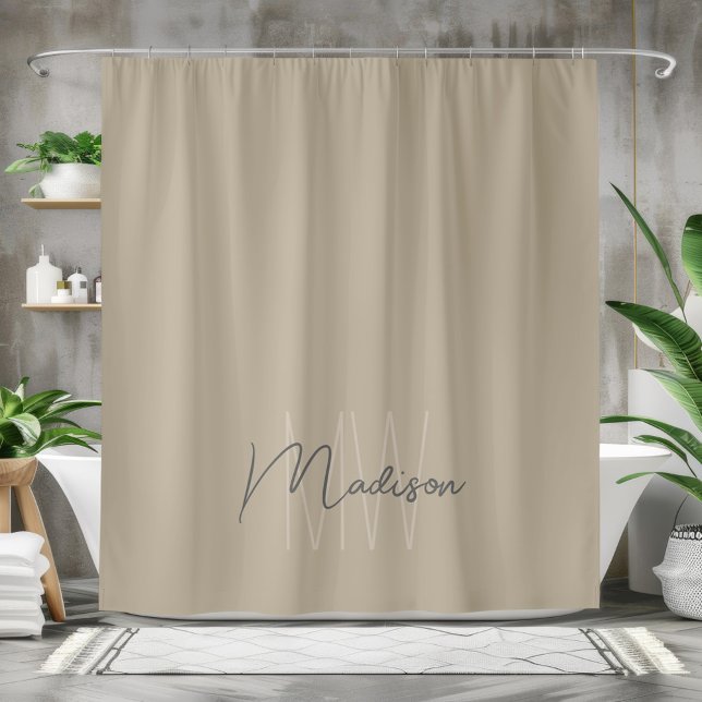 Modern Minimalist Monogram Beige Script Name Shower Curtain (Modern Minimalist Monogram Beige Script Name Shower Curtain)