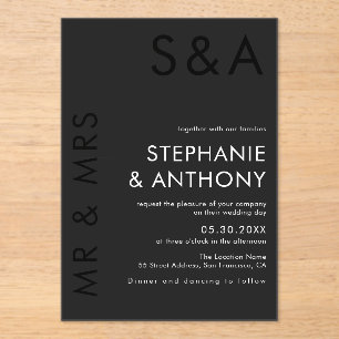 Modern Minimalist Monogram Black and White Wedding Acrylic Invitations