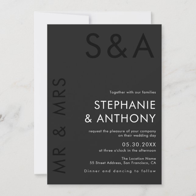 Modern Minimalist Monogram Black and White Wedding Invitation (Front)