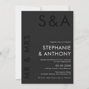 Modern Minimalist Monogram Black and White Wedding Invitation