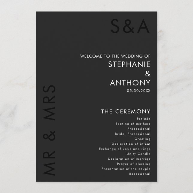 Modern Minimalist Monogram Black and White Wedding Programme (Front)
