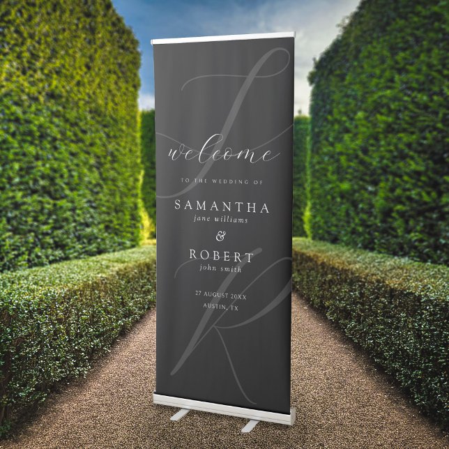 Modern Minimalist Monogram Black Wedding Welcome Retractable Banner (Creator Uploaded)