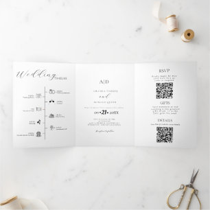 Modern Minimalist Monogram Black & White Wedding Tri-Fold Invitation