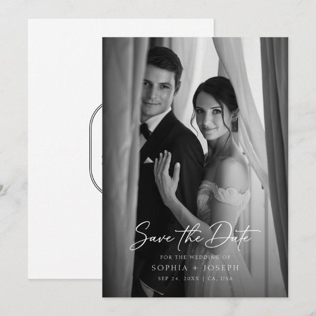 Modern Minimalist Monogram Elegant Wedding Photo Save The Date (Front/Back)