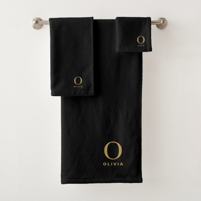 Modern Minimalist Monogram Gold Black Bath Towel Set (Insitu)