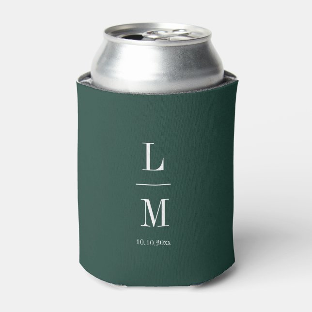 Modern Minimalist Monogram Green Wedding Names Can Cooler (Can Front)