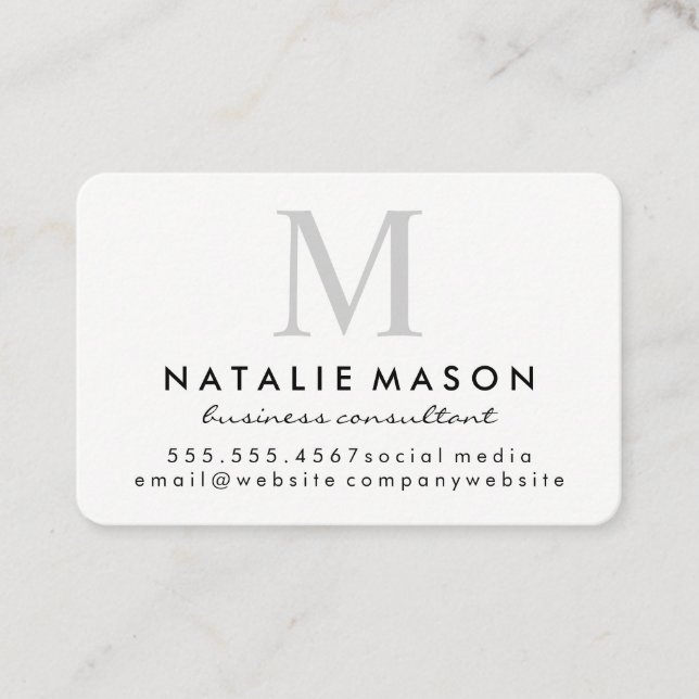 Modern Minimalist Monogram Grey on White Business Card (Front)