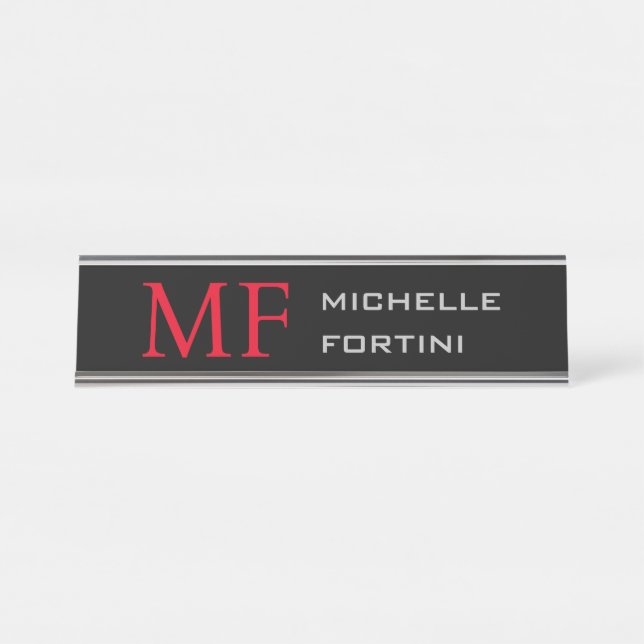 Modern Minimalist Monogram Initial Plain Red Black Desk Name Plate (Front)