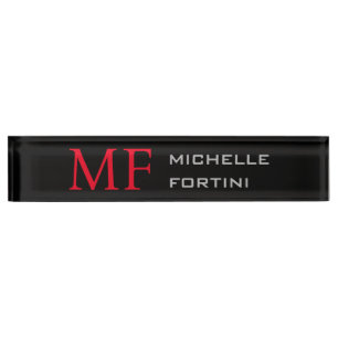 Modern Minimalist Monogram Initial Plain Red Black Nameplate