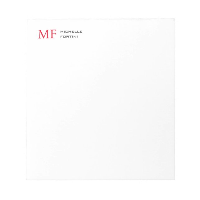 Modern Minimalist Monogram Initial Plain Red White Notepad (Front)