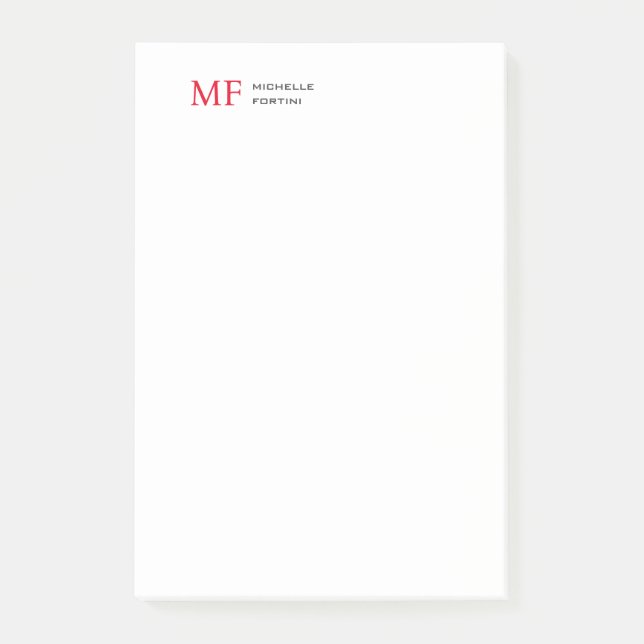 Modern Minimalist Monogram Initial Plain Red White Post-it Notes (Front)