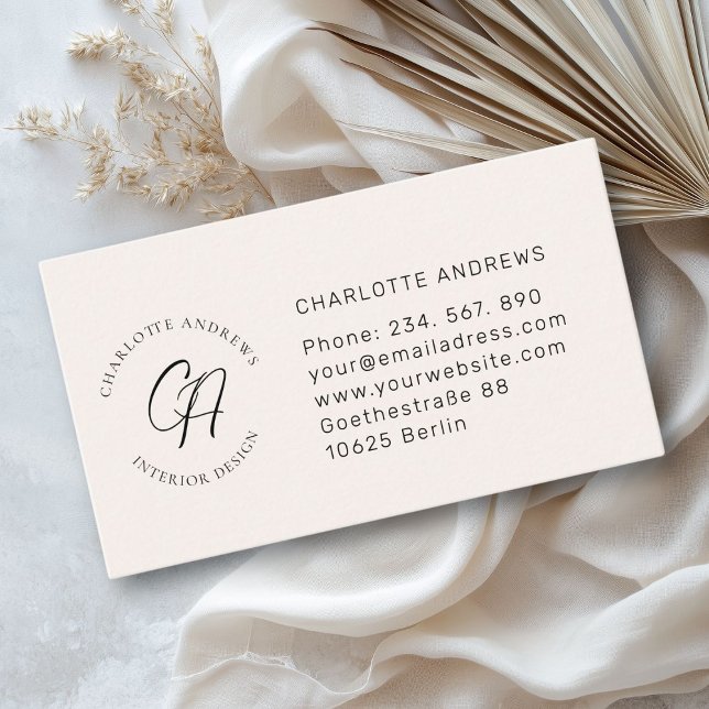 Modern, minimalist, monogram, logo, circle, beige business card (Modern, minimalist, monogram, logo, circle, beige business card)