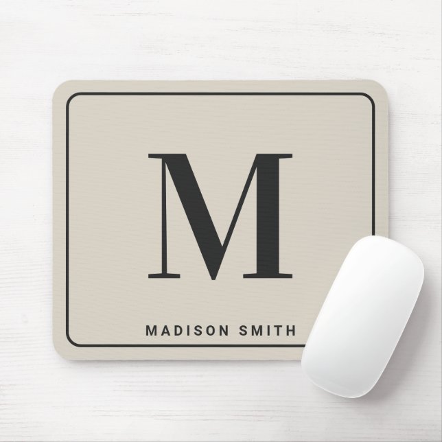 Modern Minimalist Monogram & Name - Stylish Beige Mouse Mat (With Mouse)