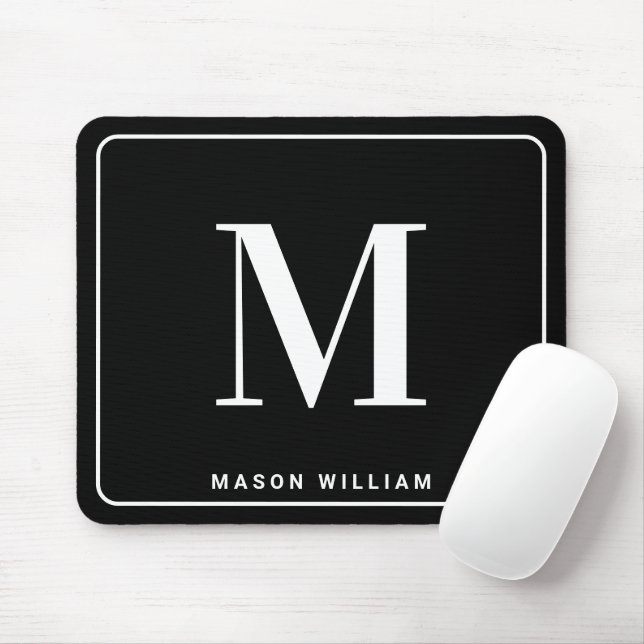 Modern Minimalist Monogram & Name - Stylish Black Mouse Mat (With Mouse)