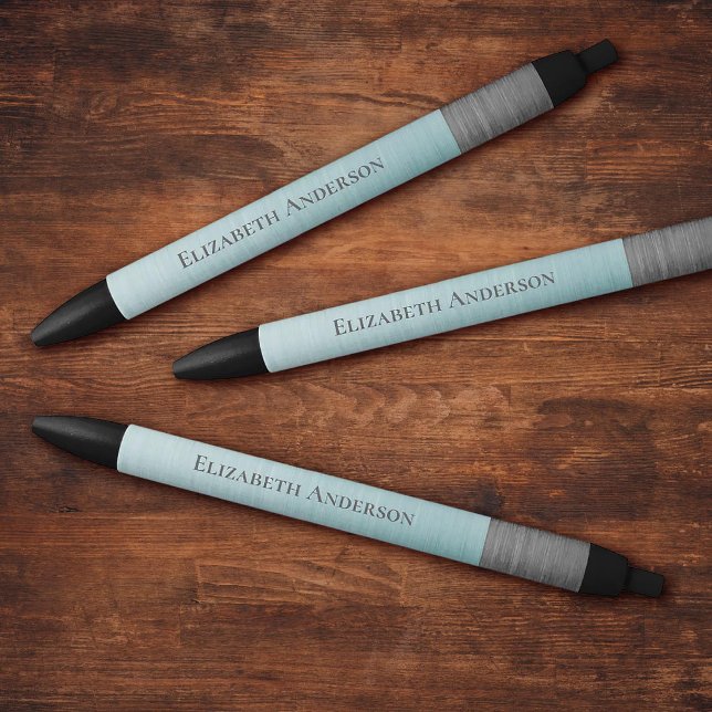 Modern Minimalist Monogram Name Teal Blue Metallic Black Ink Pen (Modern Metallic blue and grey monogram name office pens)