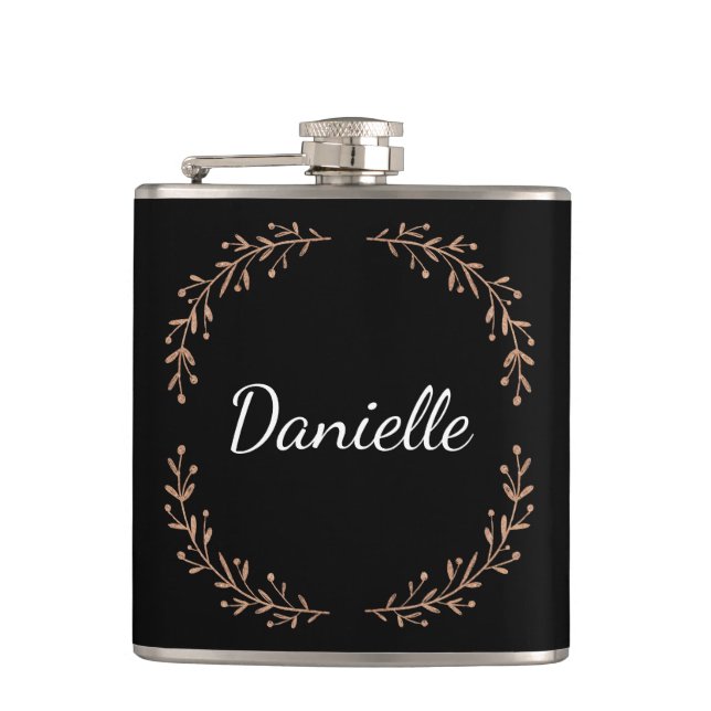Modern Minimalist Monogram Name w/ Gold Branches Hip Flask (Front)