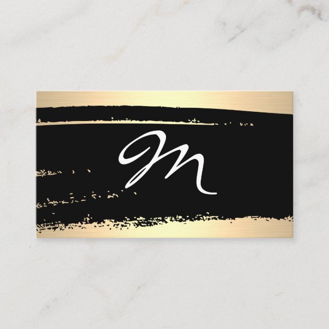 Modern Minimalist Monogram on Black/Gold Brushed Business Card (Front)