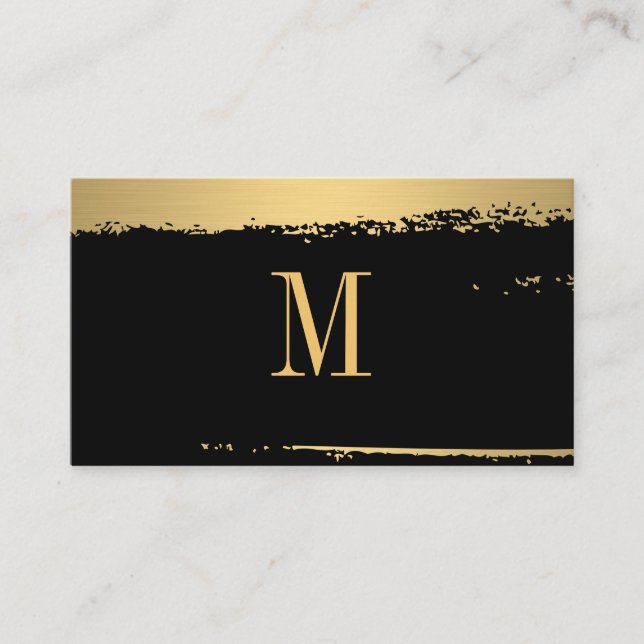 Modern Minimalist Monogram on Black/Gold Brushed Business Card (Front)