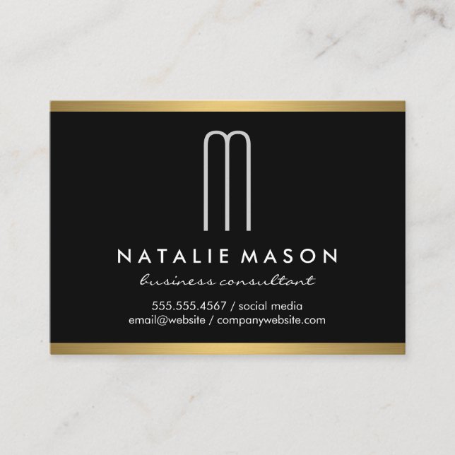 Modern Minimalist Monogram on Black Gold Trim Business Card (Front)