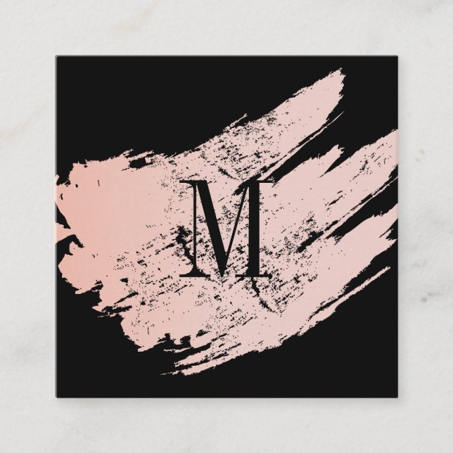 Modern Minimalist Monogram on Black/Pink Brushed Square Business Card (Front)