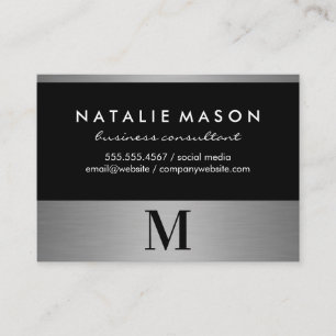 Modern Minimalist Monogram on Black Silver Trim Business Card