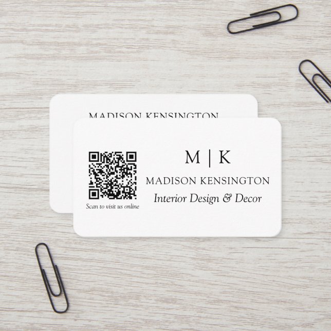 Modern Minimalist Monogram or Add Logo QR Code Business Card (Front/Back In Situ)
