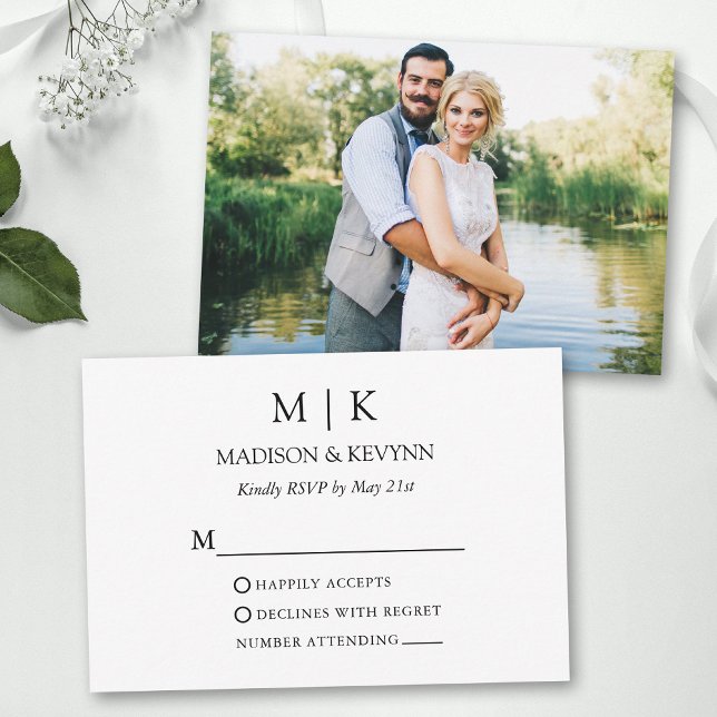 Modern Minimalist Monogram Photo Wedding RSVP Card (Customize to change text size, color or style.)