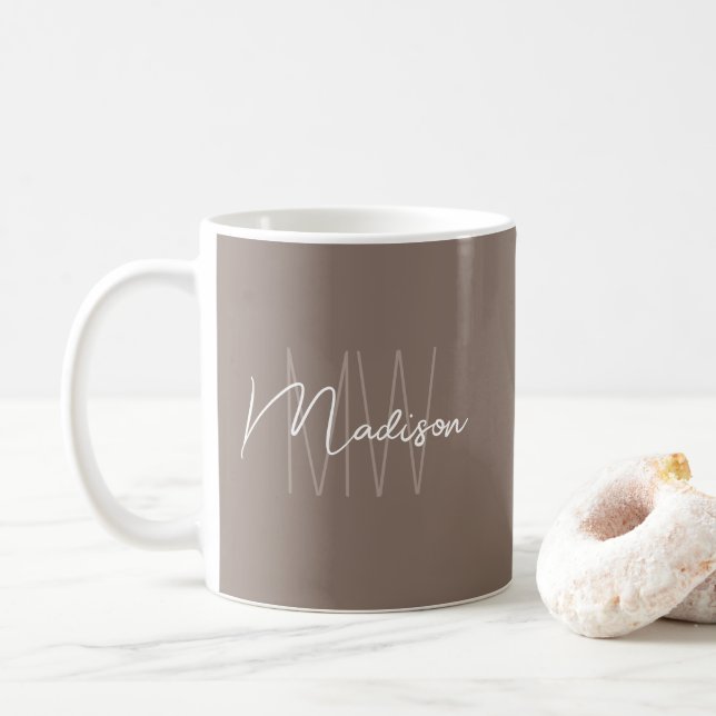 Modern Minimalist Monogram Taupe Script Name Coffee Mug (With Donut)