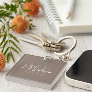 Modern Minimalist Monogram Taupe Script Name Key Ring