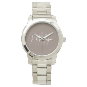 Modern Minimalist Monogram Taupe Script Name Watch