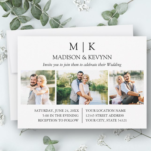 Modern Minimalist Monogram Wedding 3 Photo Invitation (Customize to change text size or text style.)