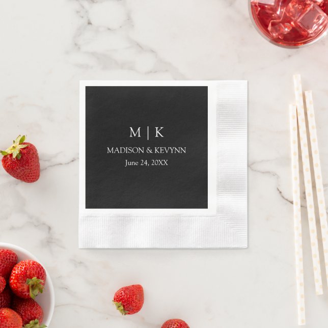 Modern Minimalist Monogram Wedding Black Cocktail Napkin (Insitu)