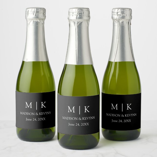 Modern Minimalist Monogram Wedding Black Mini Sparkling Wine Label (Bottles)