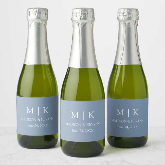 Modern Minimalist Monogram Wedding Dusty Blue Mini Sparkling Wine Label (Bottles)