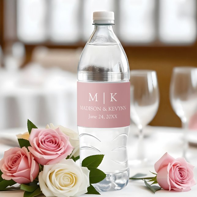Modern Minimalist Monogram Wedding Dusty Rose Water Bottle Label (Customize to change background color.)