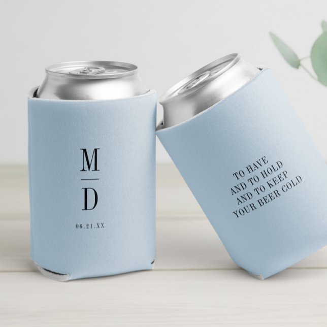 Modern Minimalist Monogram Wedding Elegant Quote Can Cooler (Light blue can cooler with a minimalist monogram design and “the other side “To have and to hold ...)