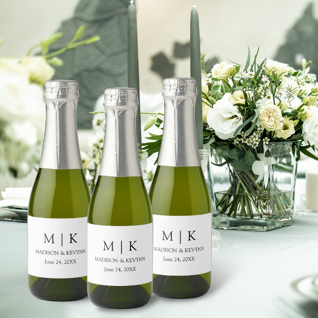 Modern Minimalist Monogram Wedding Mini Sparkling Wine Label (Customize to change text size, style or background color.)